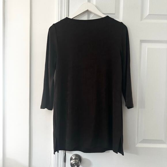 Travelers Chico's Chocolate Brown 3/4 Sleeve Slinky Tunic Top Laced Gold Chain 0 - Picture 7 of 7